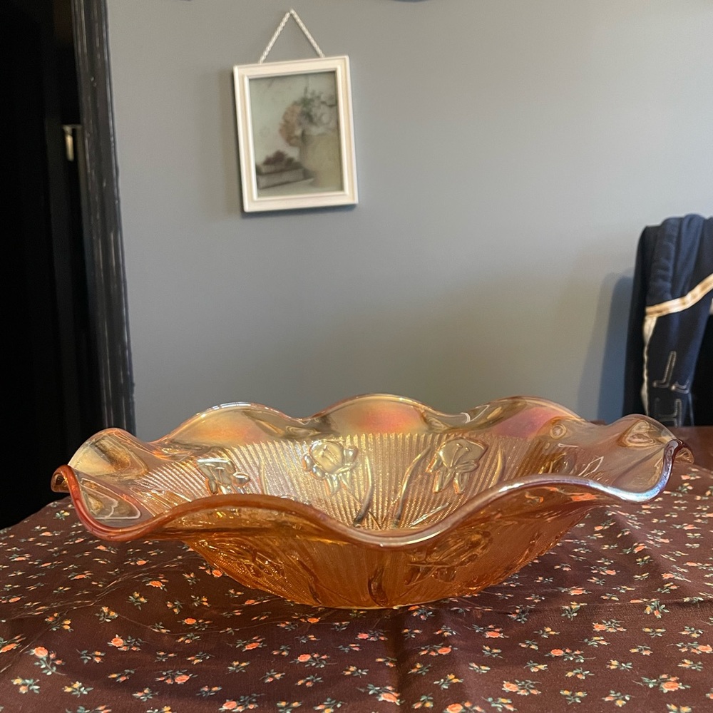 Jeannette Carnival Glass Bowl Iris Herringbone Marigold Ruffled Edge